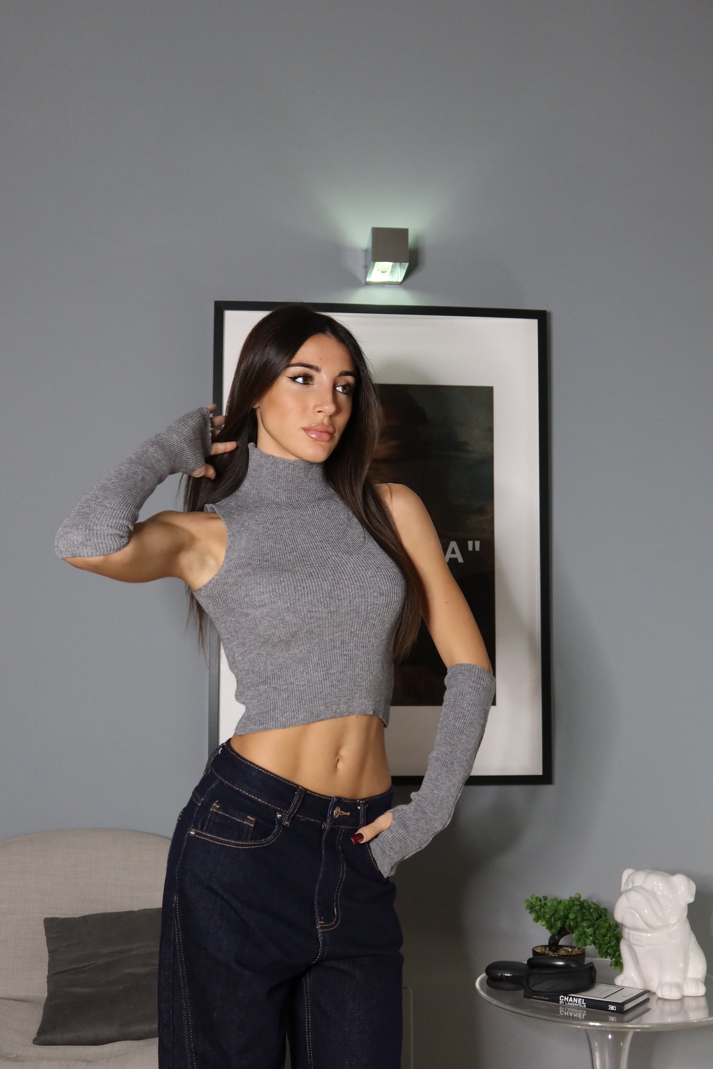 Top con Manicotti (bianco / marrone / grigio)