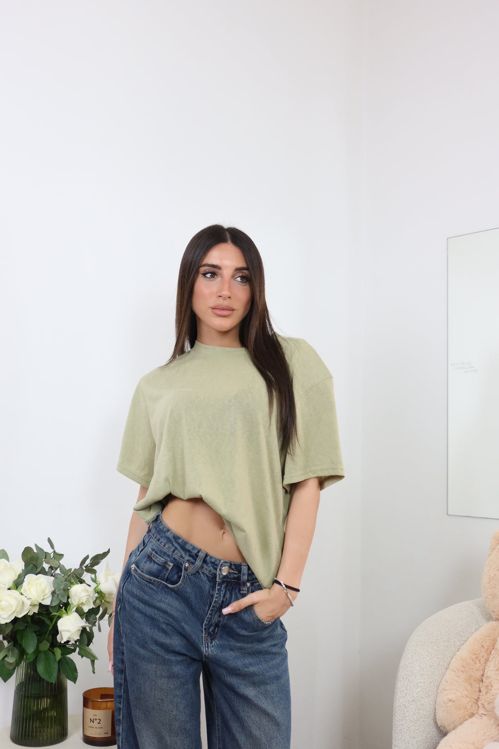 T-Shirt con Spalline Semivelata Verde Oliva