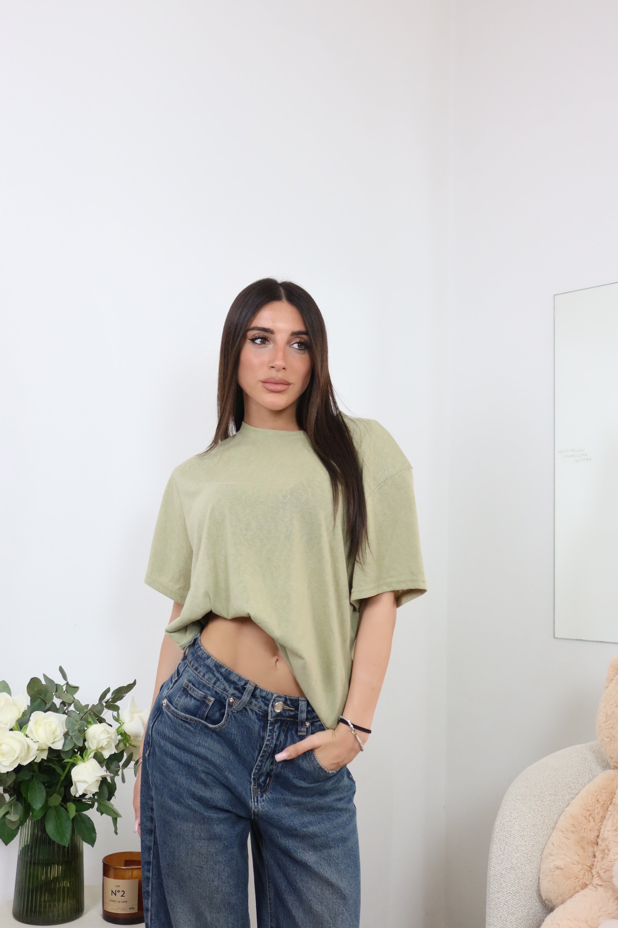 T-Shirt con Spalline Semivelata Verde Oliva