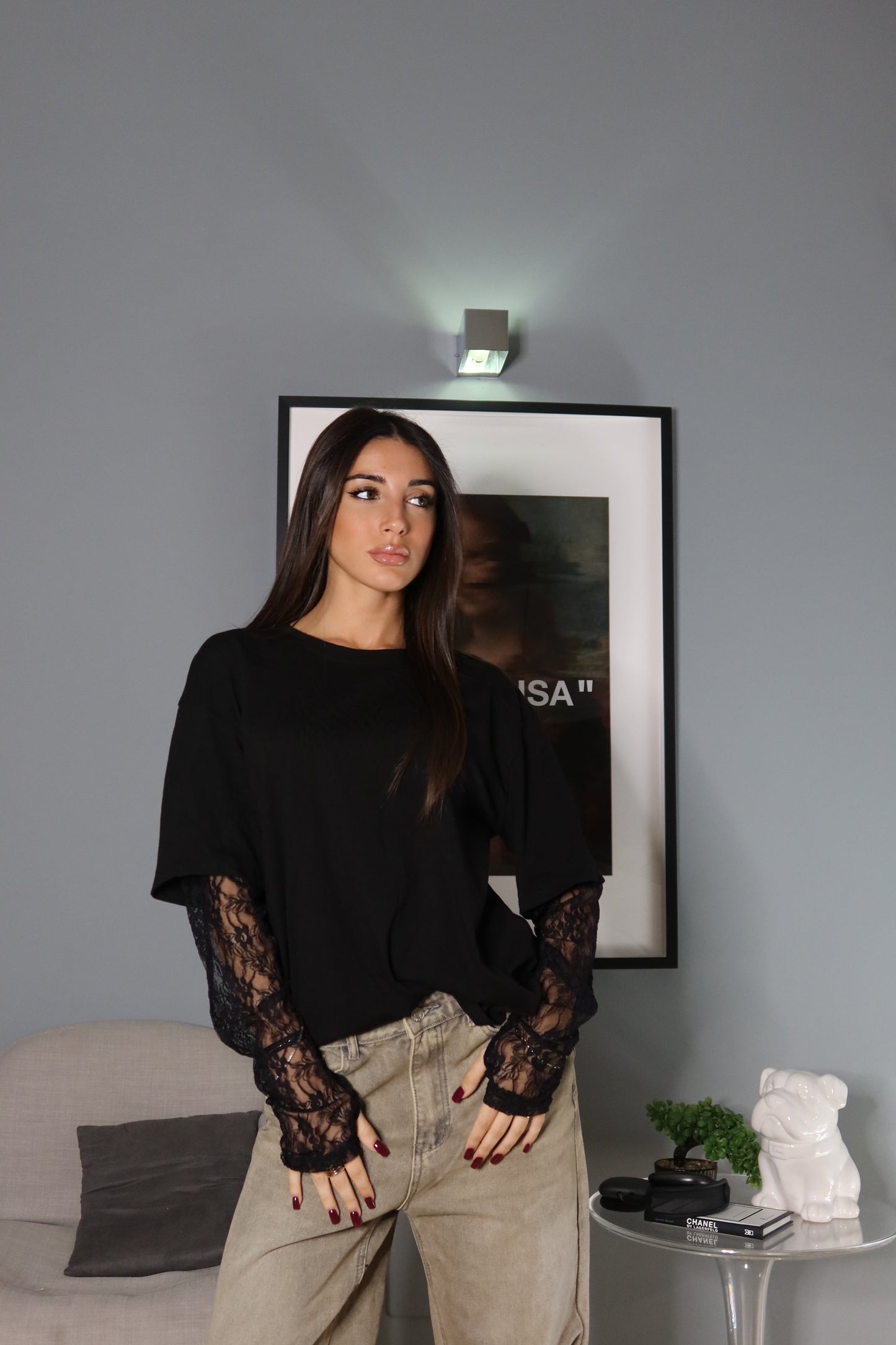 Maglia over con manica in pizzo (marrone / nero / bianco / bordeaux)