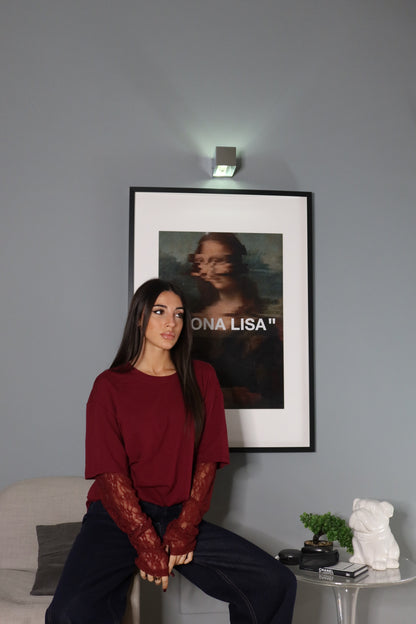 Maglia over con manica in pizzo (marrone / nero / bianco / bordeaux)