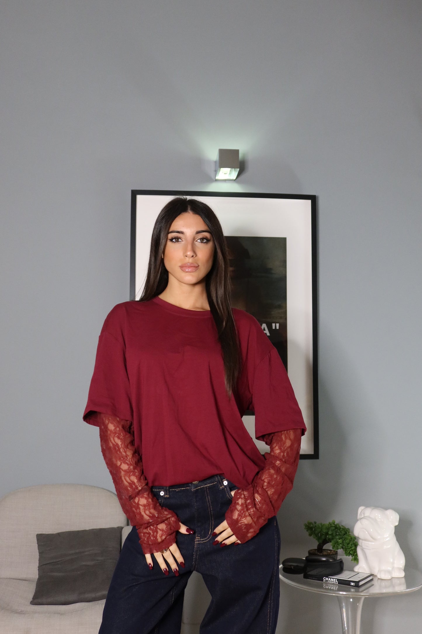Maglia over con manica in pizzo (marrone / nero / bianco / bordeaux)