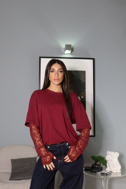 Maglia over con manica in pizzo (marrone / nero / bianco / bordeaux)