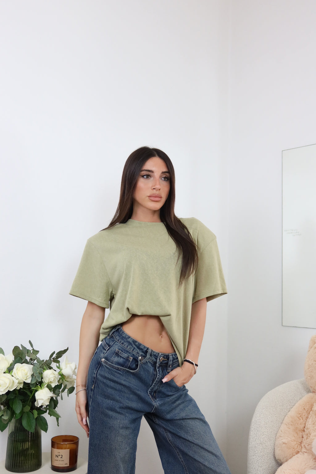 T-Shirt con Spalline Semivelata Verde Oliva
