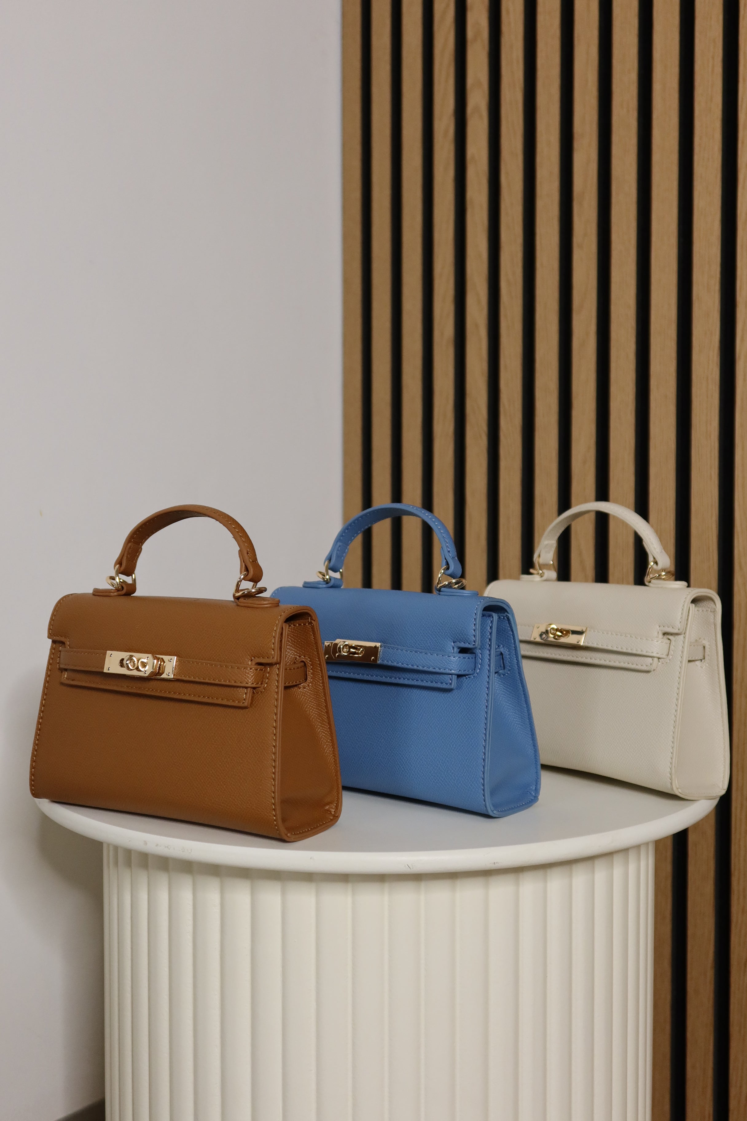 Borsa mini Kelly (cuoio / ceruleo / panna)